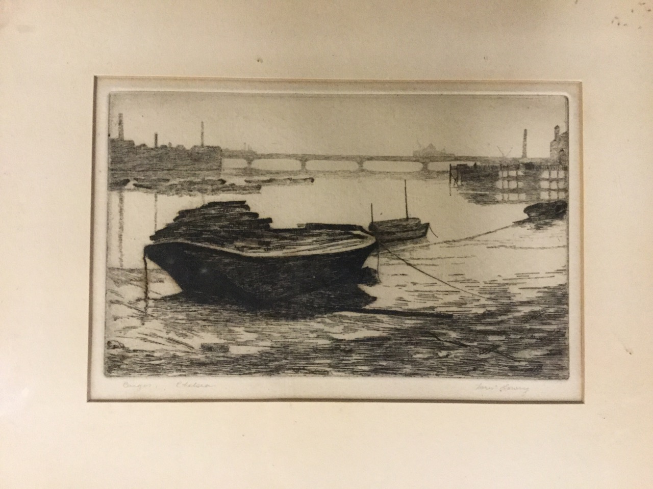 Doris Lowry, etching titled Barges Chelsea, signed and titled in pencil on margin, mounted & framed; - Image 2 of 3