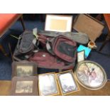 Miscellaneous items including an old violin case, pairs of prints, a boxed slide viewer, a modern