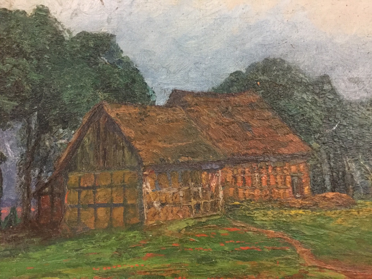 Walter Klein-Linoström, oil on board, landscape with timbered barn, signed and enscribed to verso