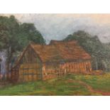 Walter Klein-Linoström, oil on board, landscape with timbered barn, signed and enscribed to verso