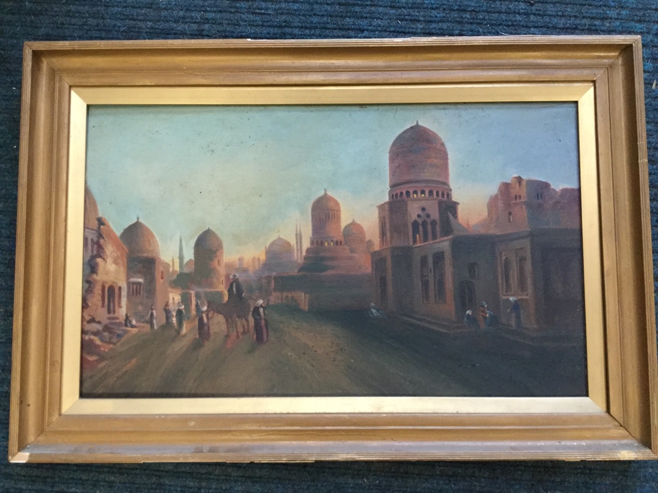 Oil on board, probably nineteenth century orientalist school, Arabic city scene with mosque and