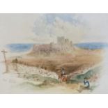 William Chapman, nineteenth century watercolour, view of Bamburgh Castle with figures in foreground,