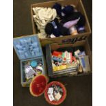 Miscellaneous sewing gear including threads, cotton, wool, buttons, needles, sewing baskets, zips,