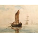 CR Cruttended, watercolour old sailing vessels in calm sea, signed, mounted & framed. (24in x 18in)
