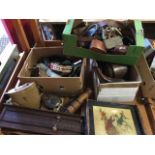 Miscellaneous items including binocular cases, gaiters, a Queen Mary Christmas tin, a snooker