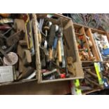 Six boxes of tools and materials - chisels, planes, saws, drills, screwdrivers, curtain rings,