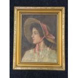 Oil on canvas, laid down on board, bust portrait of a young lady in bonnet, in later gilt frame. (