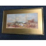 Victorian watercolour, extensive landscape with sheep, signed indistinctly, mounted & framed. ( 20in