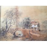Henry Jutsum, landscape watercolour with figures on stone bridge, signed, mounted and gilt