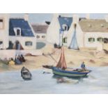 Oil on canvas, beach scene with white cottages, boats and figures, in painted frame enscribed on