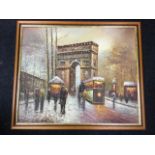 Keanerk, oil on canvas, French winter street scene with figures, tram and carriages, signed &