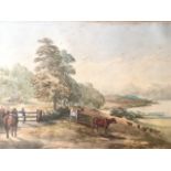 Victorian watercolour, horse, cattle and extensive landscape, indistinctly signed Wilton(?), mounted