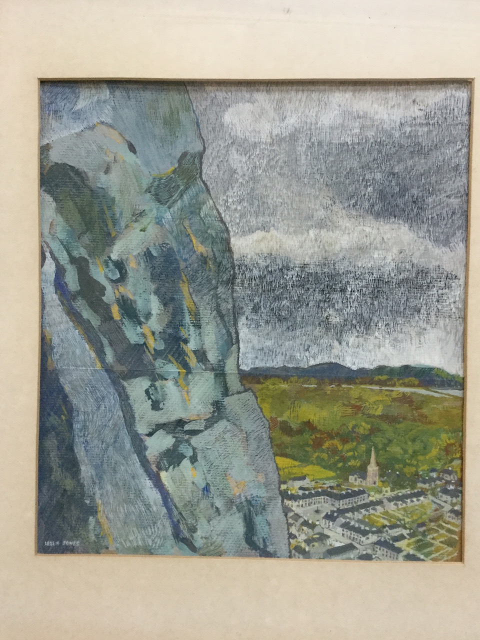 Ron Gale, oil on board, coastal view, signed & dated, framed; and Leslie Jones, stylised landscape - Image 3 of 3
