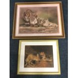 Long Gifforrer, lithographic coloured print of family of lions, mounted & framed; and a Donna Craw