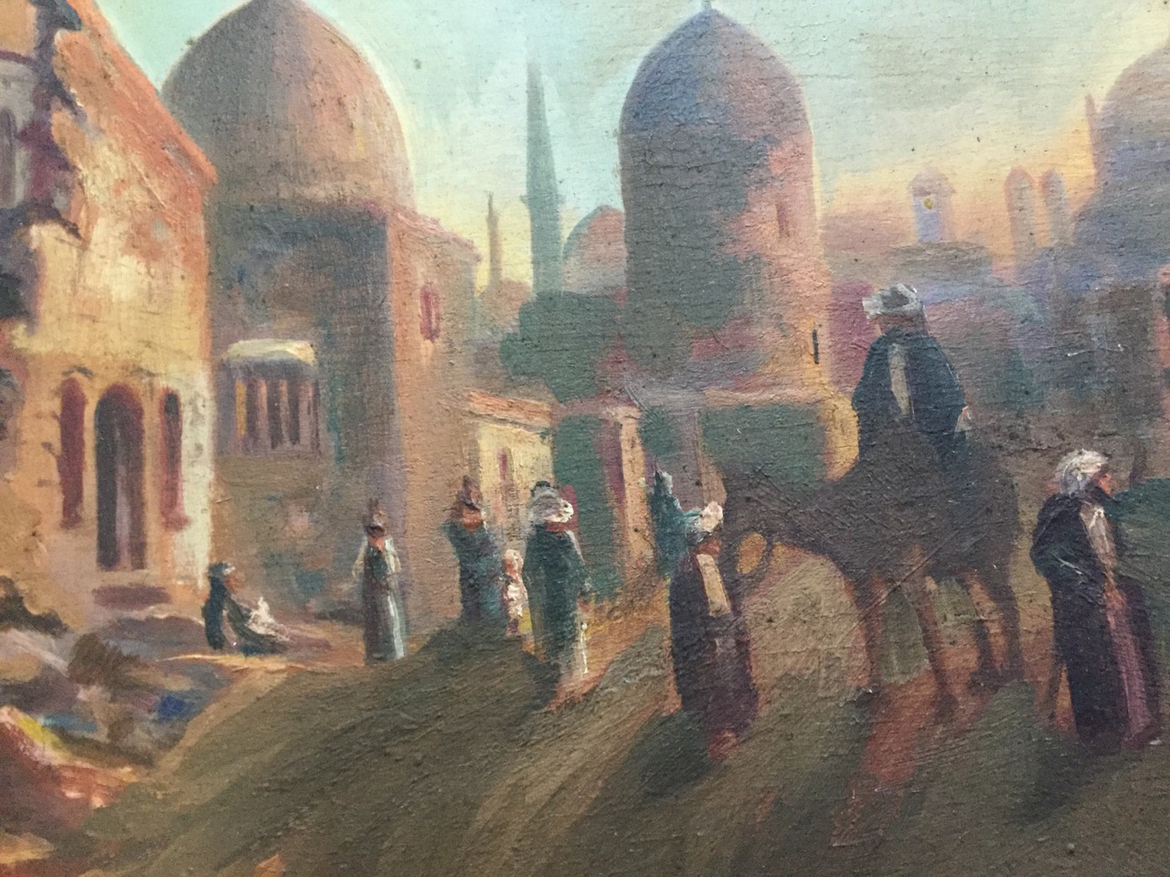 Oil on board, probably nineteenth century orientalist school, Arabic city scene with mosque and - Image 3 of 3