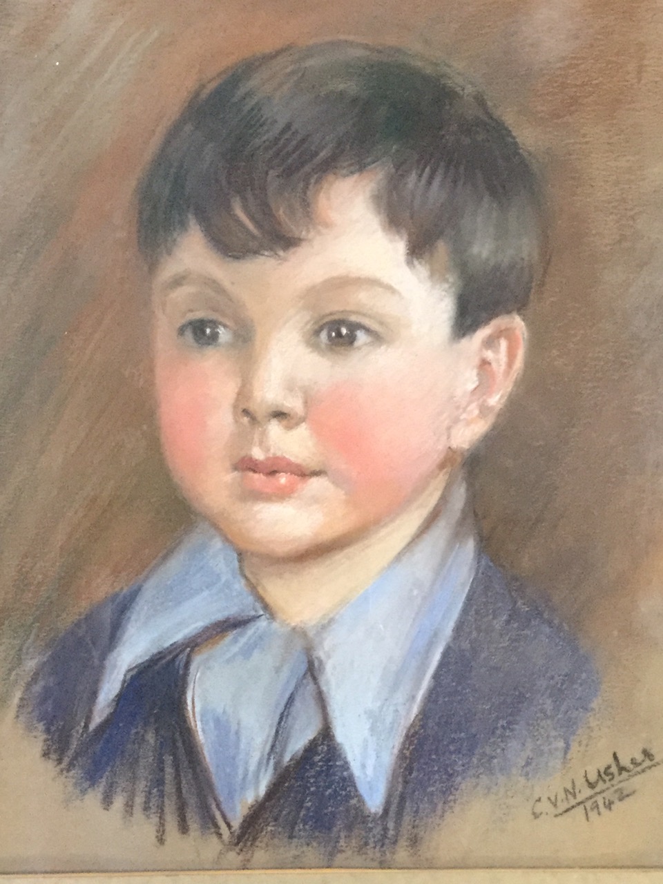 C Usher, pastel portrait of a boy, dated 1942, signed, mounted & framed. (12in x 15in) - Image 2 of 3