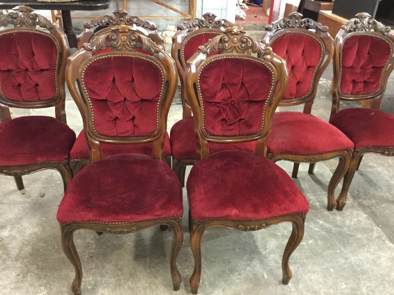 A set of seven carved Louis XV style dining chairs with pierced crests above button upholstered - Image 3 of 3