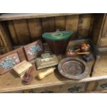 Miscellaneous treen including wood boxes, a table bookcase, maracas, a carved bowl, a flywhisk, pipe