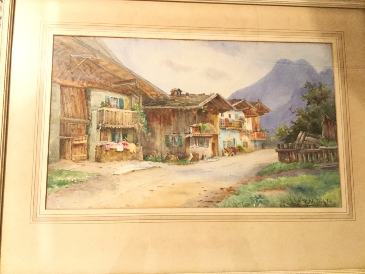 Watercolour, Alpine village, indistinctly signed GM Duig (?), mounted & framed. (21in x 12.5in) - Image 3 of 3