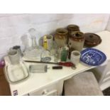 Miscellaneous ceramics & glass including a ships decanter & stopper, glass bottles, a blue & white