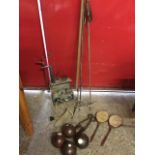 Miscellaneous collectors items including a pair of ski sticks with leather handles, a scythe, a
