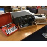 An orange 60s cased Hermes baby manual typewriter; a cased Singer sewing machine; and a Smith-Corona