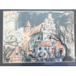 Anton Sulek, crayon, European buildings, signed and dated 1984, mounted and gilt framed. (12.5in x