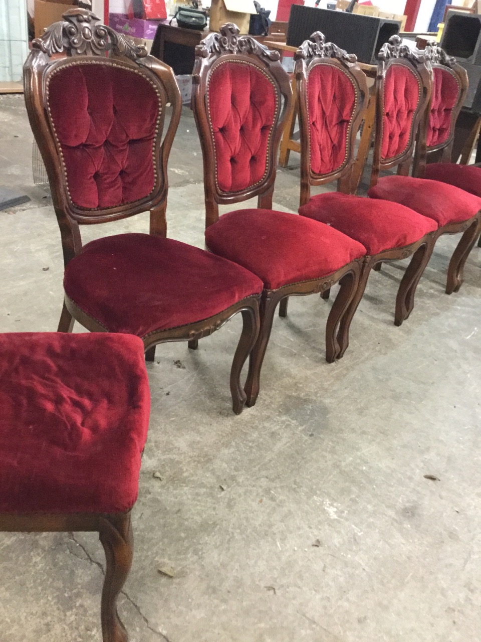 A set of seven carved Louis XV style dining chairs with pierced crests above button upholstered - Image 2 of 3