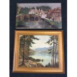 Oil on canvas, lake landscape with trees in foreground, gilt framed; and another oil on canvas of