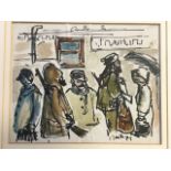 Ed Smith, ink on paper, figures in street scene, initialled & dated '73, mounted & framed. (10in x