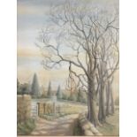 GG Harry (?), watercolour, landscape with country lane and trees, signed & framed. (18in x 21.5in)