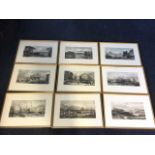 A set of nine hand coloured steel engravings, eight of London and one Edinburgh, the plates by