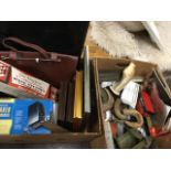 Miscellaneous items including frames, cases, a Gaybox shelf, tins, Salters scales, a brass bell,