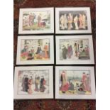 A set of six Japanese prints, the coloured plates all depicting ladies at their leisure, character