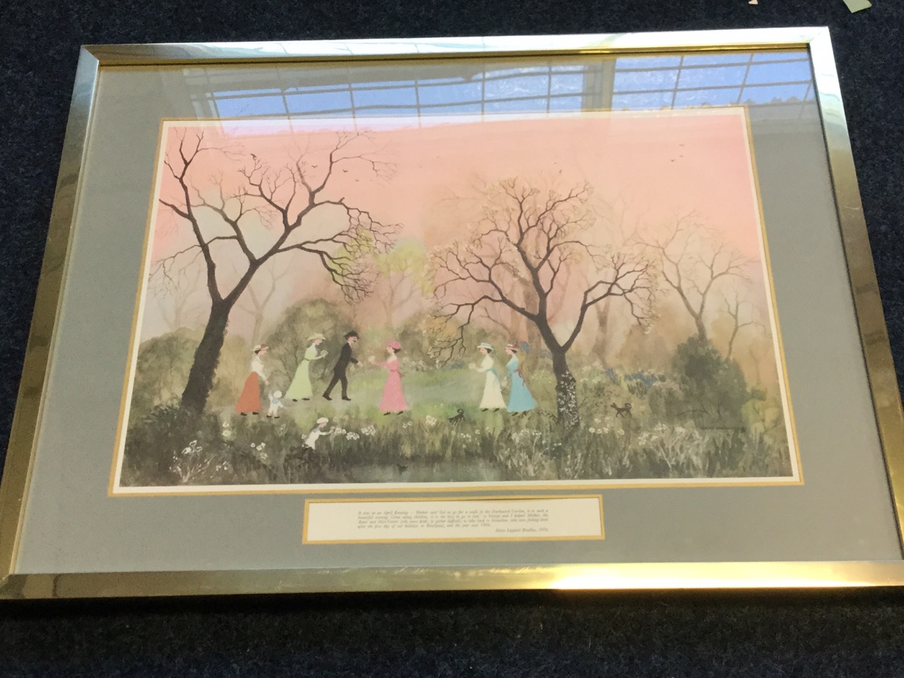 Helen Bradley, lithographic coloured print with figures in wooded landscape, the mount with - Image 2 of 3