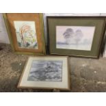 Peter Hodson, crayon, lake landscape with trees, signed, mounted and framed; a Kenneth Gresty