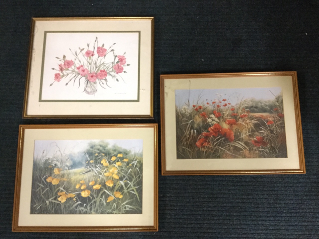 A signed still life print of carnations in vase by AP Silverthome, mounted & gilt framed; and a pair