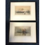 Henry G Walker, a pair of coloured etchings, sailing boats and masted shipping vessels tied up,