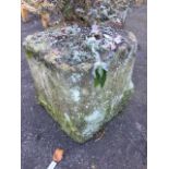 A square carved sandstone garden urn with chamfered corners. (15in x 15in 15in)