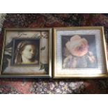 A large decorative print of a rose in gilt fishscale style cushion frame; and another antique