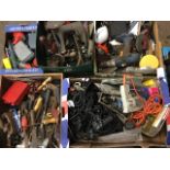 Six trays/boxes of tools and materials including drills, hammers, planes, chisels, cast iron shoe