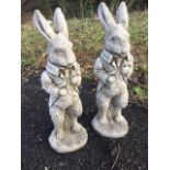 A pair of composition stone Benjamin Bunny style rabbits, standing on circular naturalistic plinths.