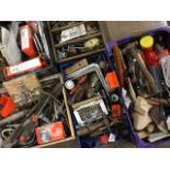 Five trays/boxes of tools and materials including hammers, saw blades, bolts, shelf brackets,