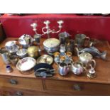 Miscellaneous silver plate, aluminium and chrome including a candelabra, tankards, an egg cruet, a