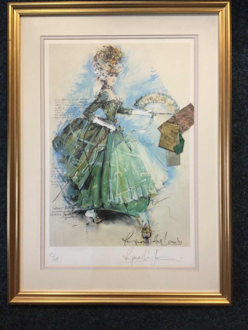 Raymond Hughes, lithographic print, costume design with fabric samples, signed and numbered in