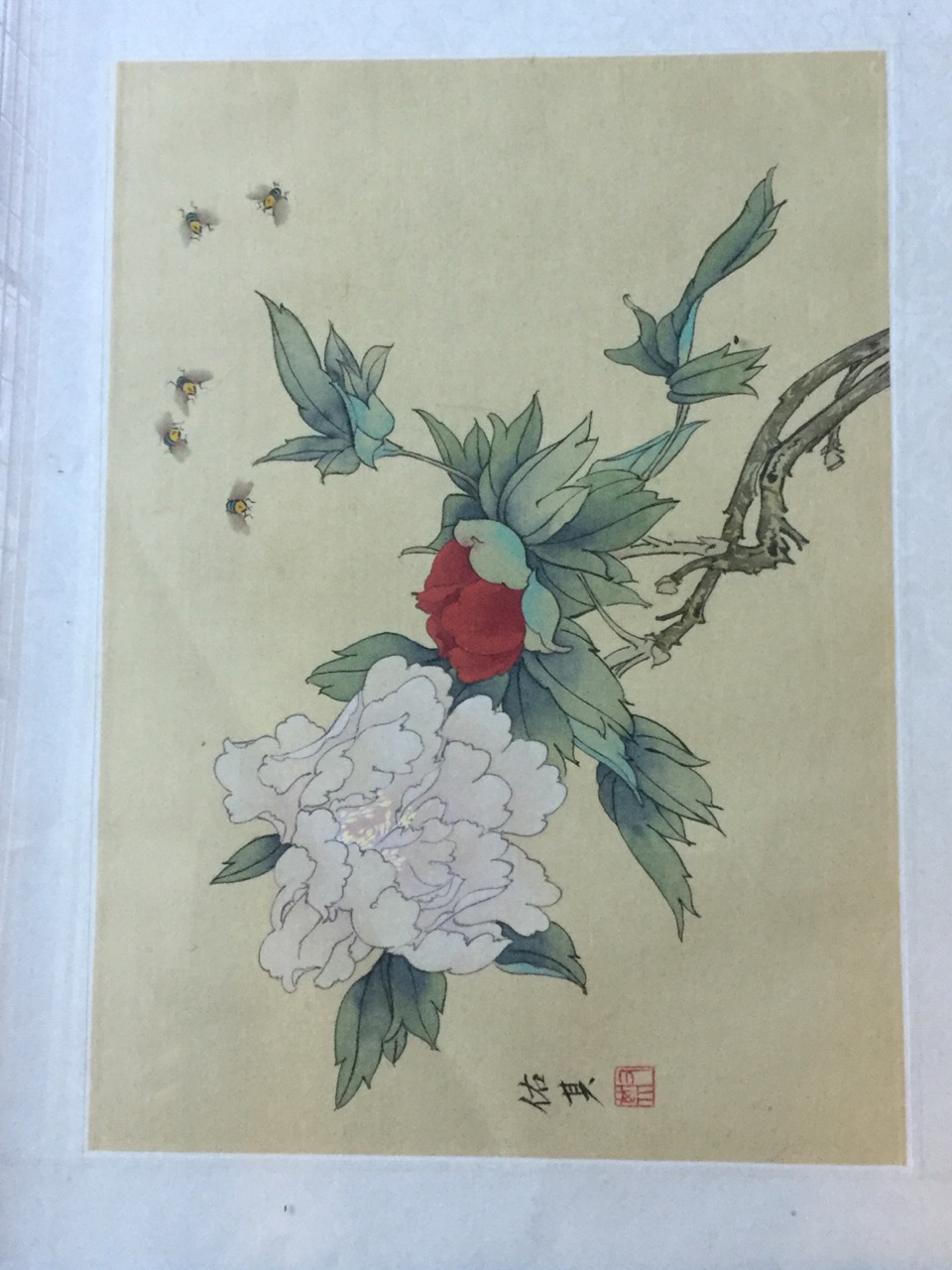 A pair of Chinese blossom foliage fabric prints with bees and butterflies, in limed oak frames; - Image 5 of 6