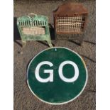 A Belling marble enamelled electric fire on shaped legs; a circular tin roadmakers Stop & Go sign;