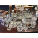 Miscellaneous glass including two decanters & stoppers with hallmarked silver labels on chains,