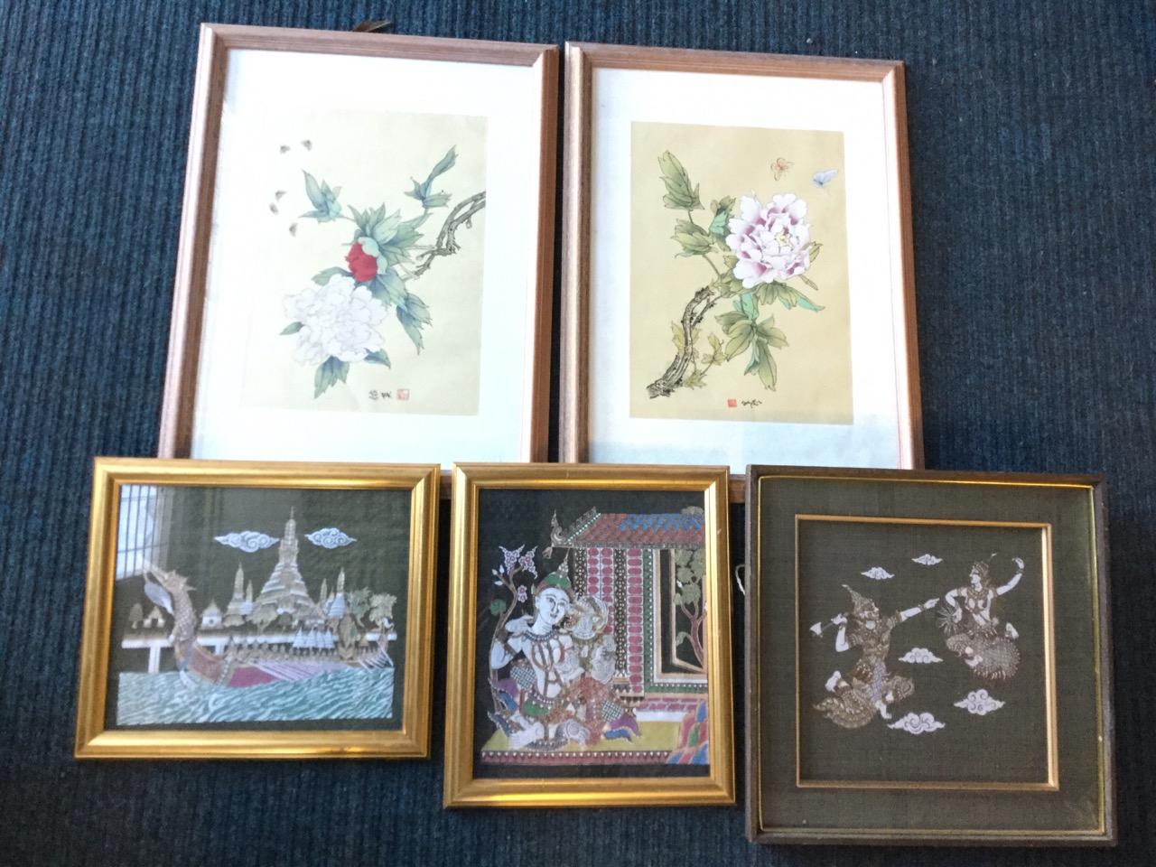 A pair of Chinese blossom foliage fabric prints with bees and butterflies, in limed oak frames; - Image 2 of 6