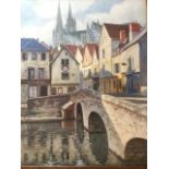 Leon Constant-Duval, print of a French town, indistinctly signed, oak framed. (17.5in x 23in)